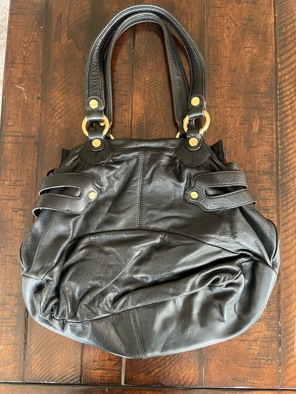 B. Makowsky Black Pebbled Leather Slouchy Hobo Shoulder Bag Y2K Gold Buckle